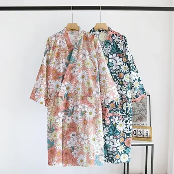 Халаты, кардиганы, одежда средней длины, Летние женские халаты с цветочным рисунком, пижамы из тонкого хлопка с принтом, Кимоно от пота