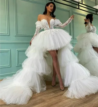 Элегантное свадебное платье с верхней юбкой С открытыми плечами и длинным рукавом, Многослойные Кружевные свадебные платья, Ретро Vestidos De Noiva Robe Mariage