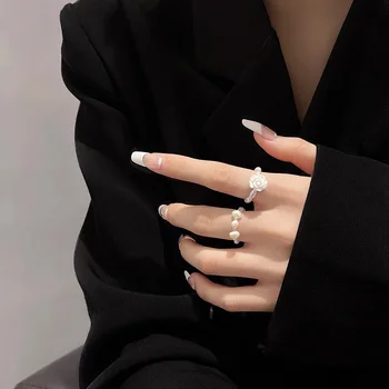 Элегантный Набор колец с жемчугом и множеством бисера Для женщин, Сладкая Роза, Регулируемое эластичное кольцо, тренд 2021 года, Минималистичные Эстетичные украшения