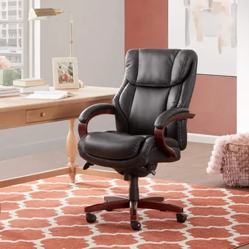Эргономичный офисный стул для руководителя с подушками из пены с эффектом памяти, подлокотниками и основанием из массива дерева, перекладиной в виде водопада, Bon, черный