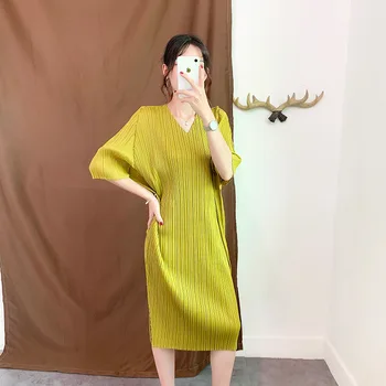 Японское Элегантное Плиссированное Платье с разрезом и V-образным вырезом 