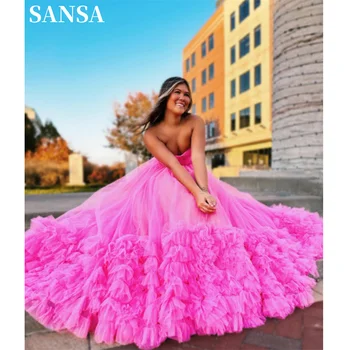 Ярко-розовое бальное платье Sansa из тюля для выпускного вечера 2024 с завитками по краям, многослойное праздничное платье в форме сердца на шее.