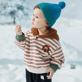 Зимний новый вязаный плюшевый теплый свитер с капюшоном в полоску с контрастной вставкой для мальчиков и девочек