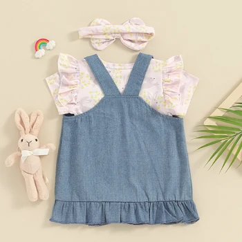 Пасхальный наряд для девочки, платье с кроликом для новорожденных, комбинезон с кроликом с коротким рукавом, джинсовый комбинезон, повязка на голову, Пасхальная одежда для девочек