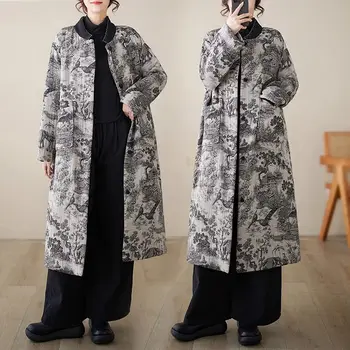 Теплое толстое пальто в стиле ретро с китайским принтом тушью Для женщин, Большие свободные карманы, Модная Стеганая куртка, Хлопчатобумажная одежда в стиле ретро Z3703